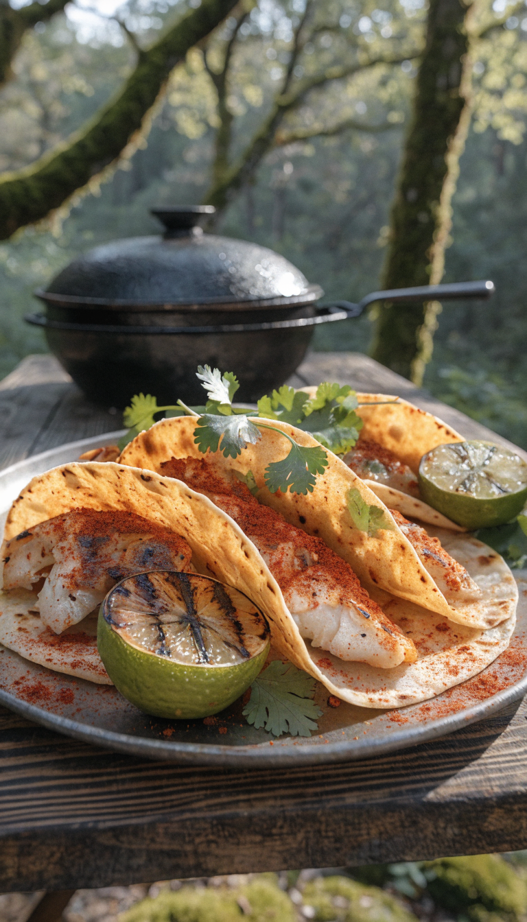 A rustic outdoor camping scene featuring golden-brown griddled fish tacos on a weathered metal camping plate, with flaky white fish seasoned with vibrant red chili powder visible in warm corn tortillas, accompanied by charred lime halves with distinctive grill marks, fresh cilantro garnish, and a cast iron griddle in soft focus in the background, all set on a wooden camp table with natural morning sunlight filtering through trees, shot from a 45-degree angle in photorealistic detail with shallow depth of field